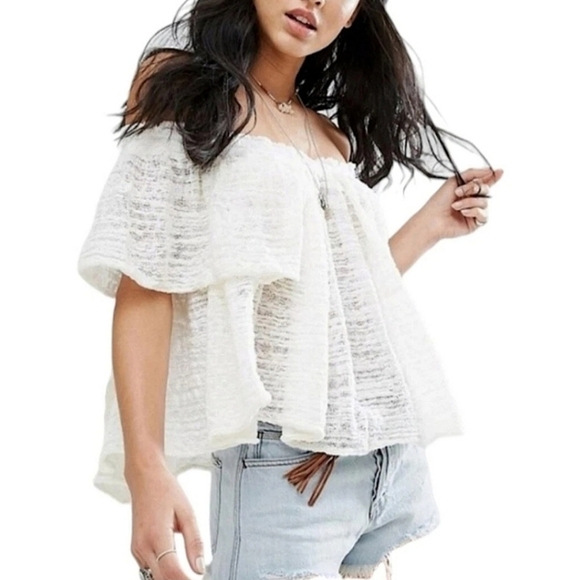 Free People Thrills & Frills Off the Shoulder Woven Crochet Cottagecore Sweater - Picture 3 of 11